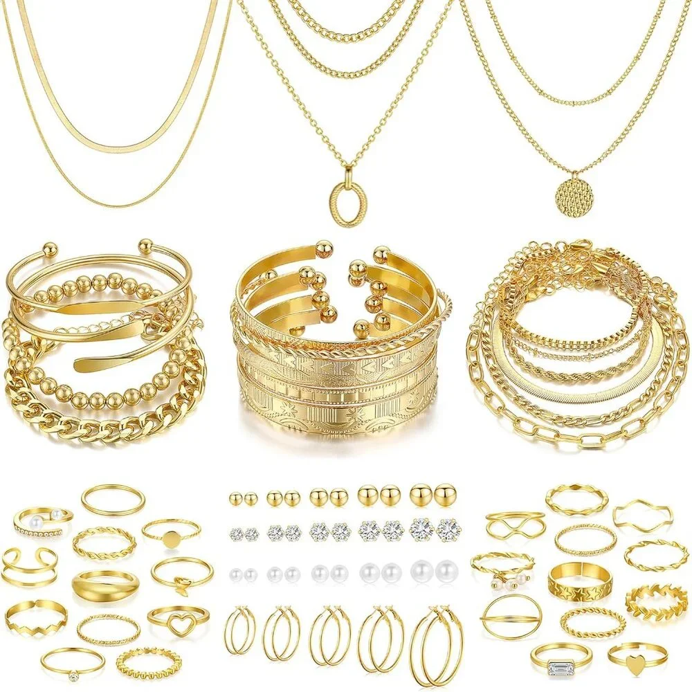 68 Pcs Gold Jewelry Set for Women with 7 Necklace, 17 Bracelet, 5 Hoop Earrings,